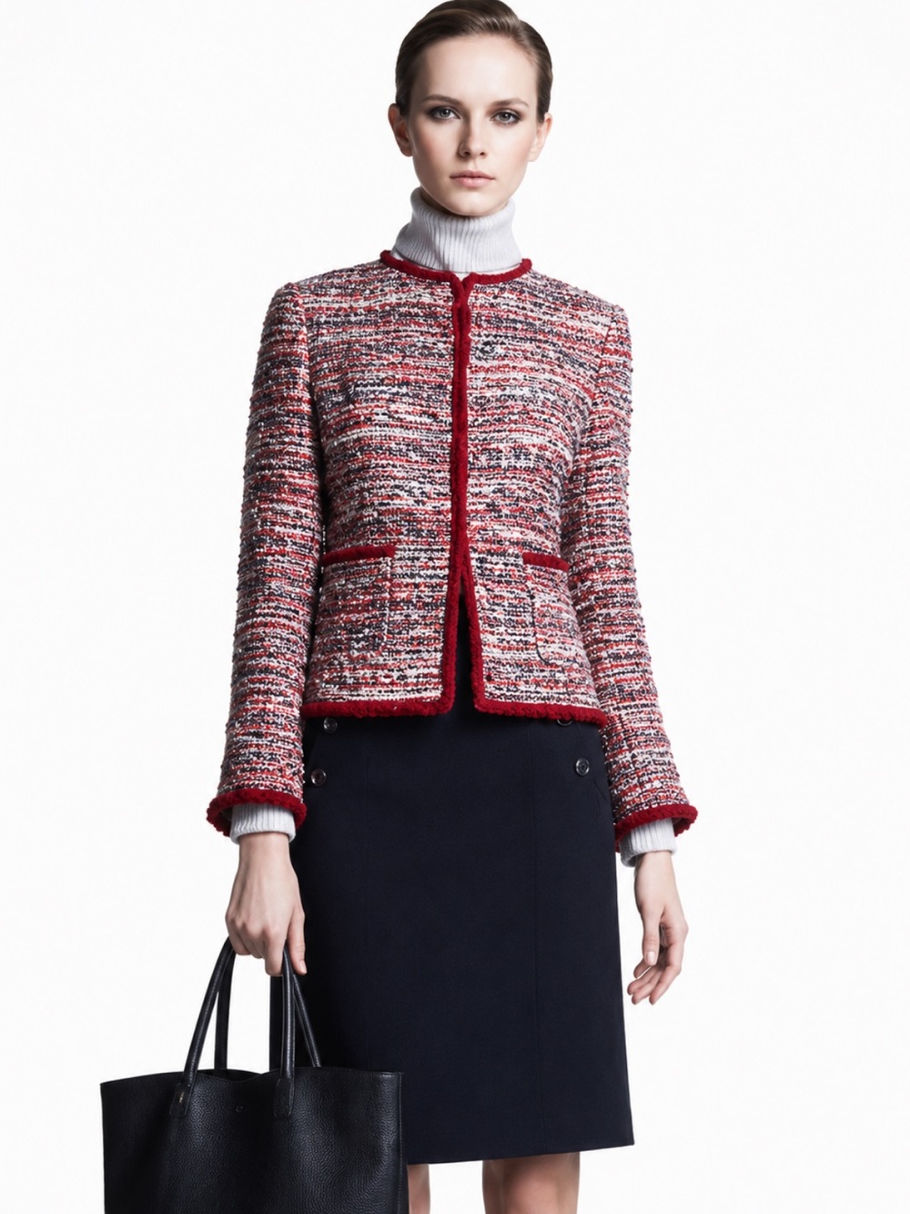 Carolina Herrera Red Tweed Collarless Jacket 
Size 2 EUC!